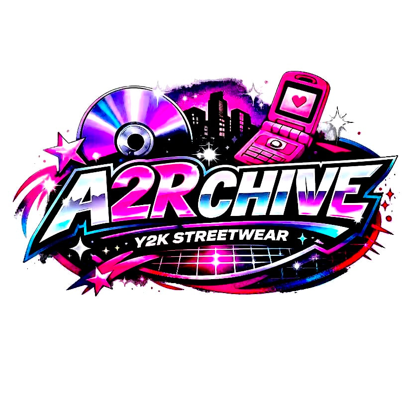 A colorful graphic logo reading 'A2RCHIVE' with 'Y2K STREETWEAR' underneath, featuring a pink flip phone, a CD, stars, and neon city elements on a white background.